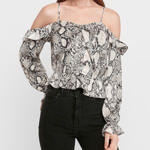 Snakeskin Print Bow Front Cold Shoulder Peplum Top